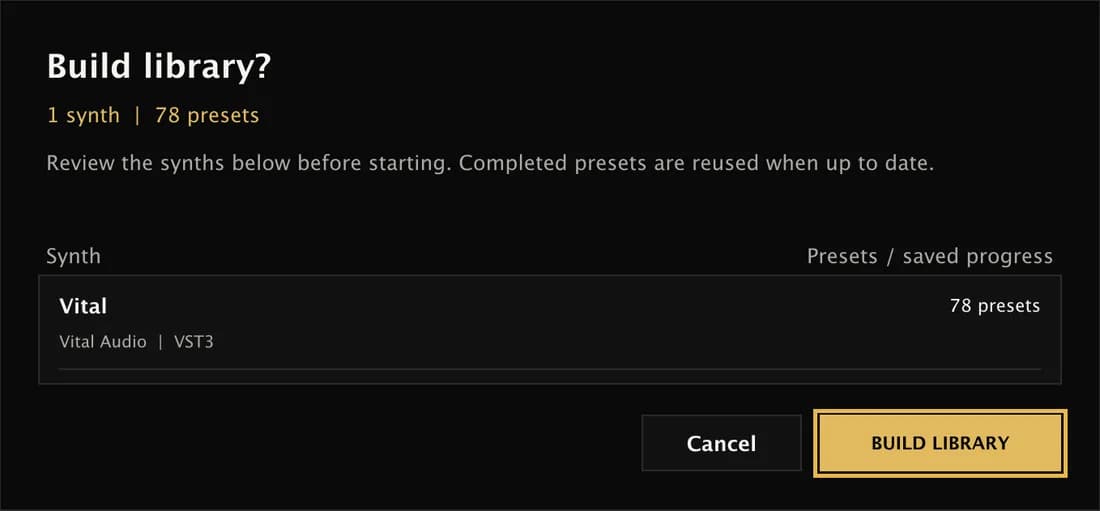 Build library confirmation listing Vital with 78 presets