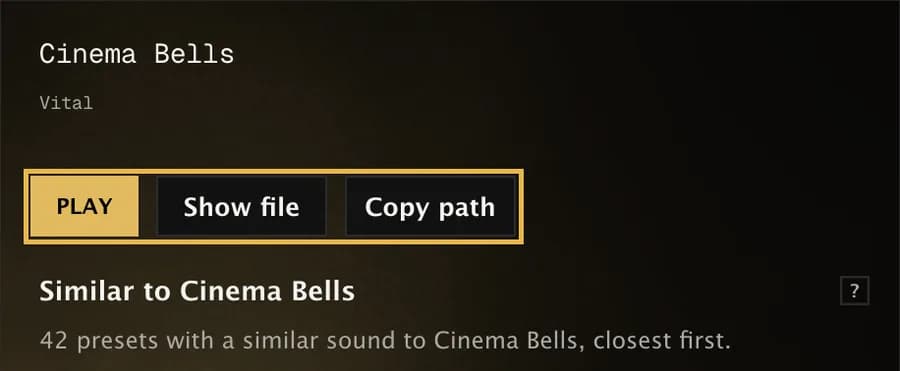 The selected preset with Play, Show file and Copy path