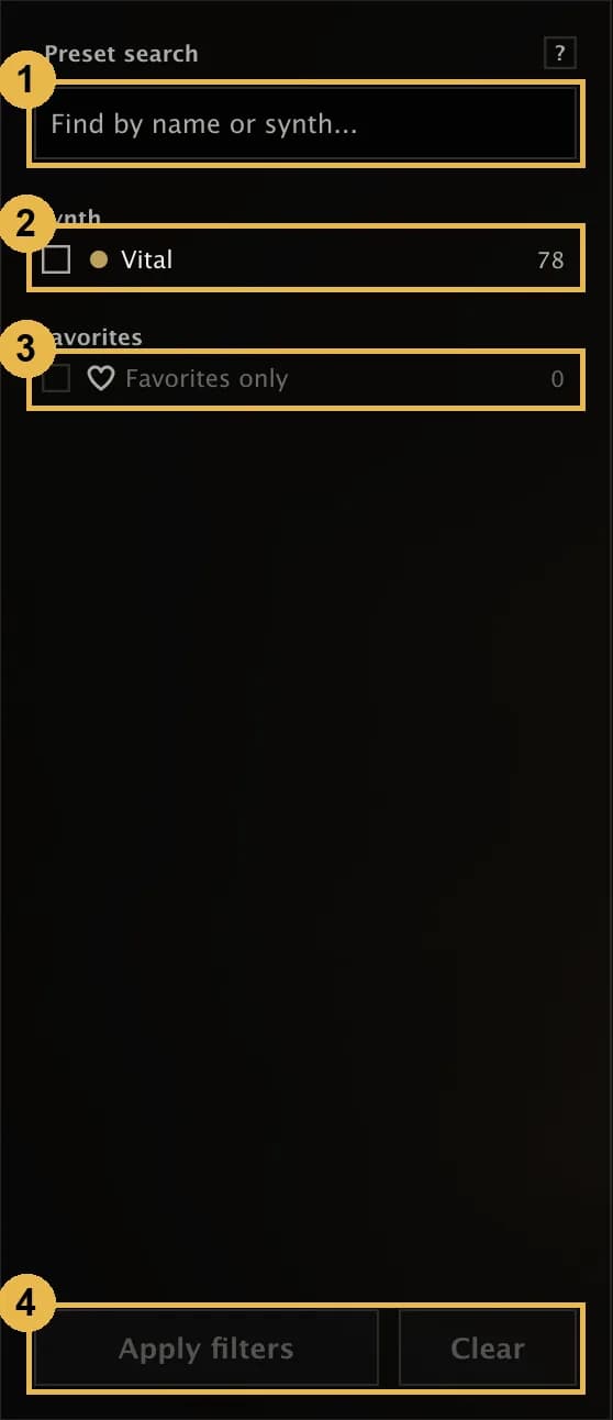 The Search filter: name box, Synth, Favorites only, and Apply filters