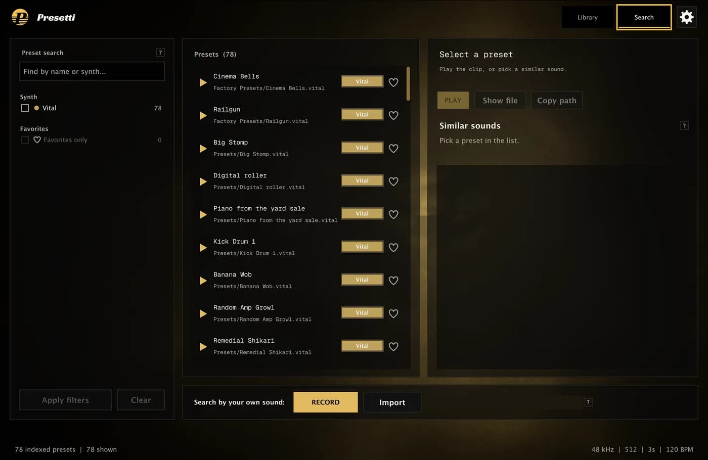 The Search tab with the preset list in the middle