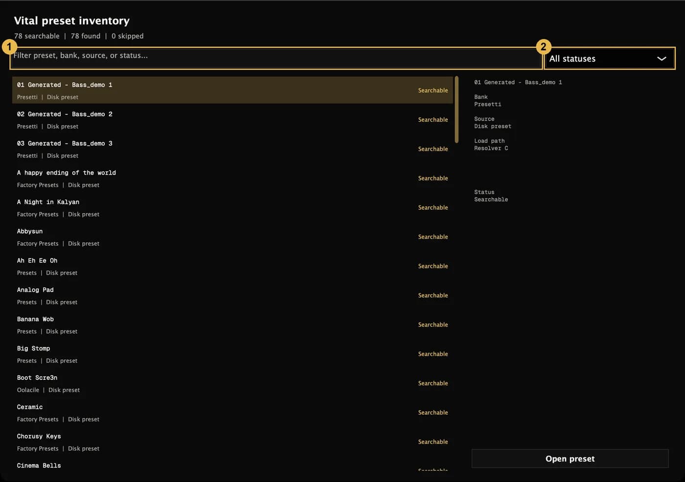 Vital preset inventory: filter box, status menu and the preset list